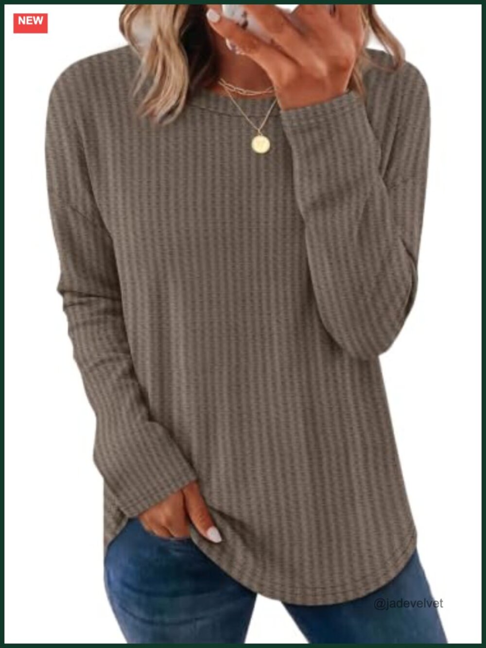 Waffle Knit Long Sleeve Crew Neck Tunic Curved Hem Relaxed Fit Pullover
